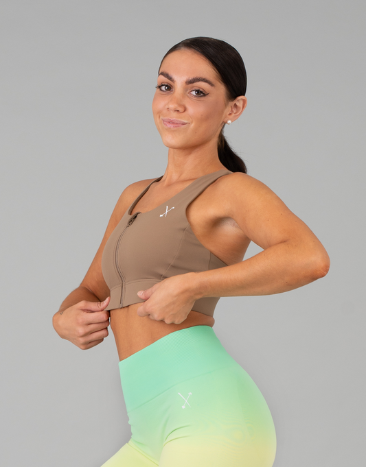 Active Front Zip Sports Bra - Tan