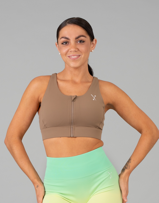 Active Front Zip Sports Bra - Tan