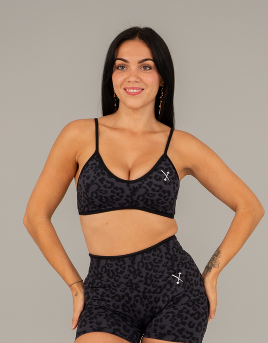 Compression Sports Bra - Black Leopard Print